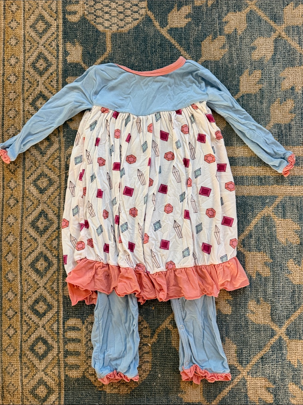 Kickee Pants Light Blue and Coral Gem Print One-Piece